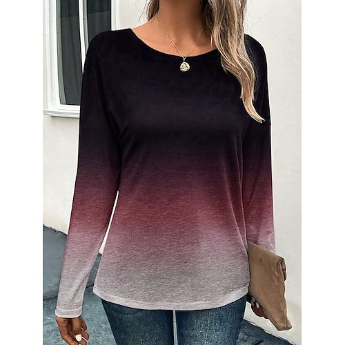  Dames T-shirt Kleurgradatie Modieus Casual Lange mouw Ronde hals Normale tops Dagelijks Weekend Afdrukken Rood blauw Paars Grijs Lente & Herfst