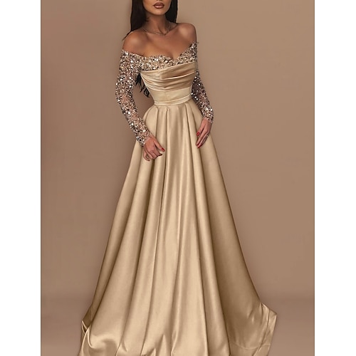 Ballkleid Gold Abendkleid Heißes Kleid Verlobung Hochzeitsfeier Sweep  Brush Train 3/4-lange Ärmel Schulterfrei Satin mit Pailletten