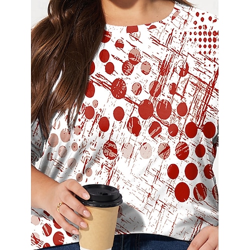  T-shirt à manches longues et col ras du cou pour femme, haut grande taille, imprimé géométrique, décontracté, quotidien, automne, hiver, rouge