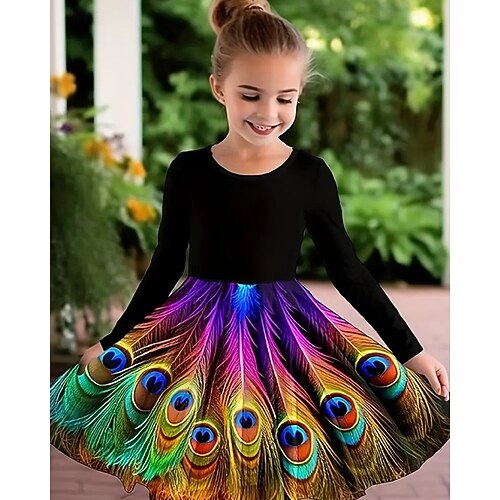Girls' 3D Graphic Peacock Dress Long Sleeve Summer Spring Vacation Daily  Holiday Princess Beautiful Sweet Kids 4-12 Years Casual Dress A Line Dress  Knee-length Regular Fit 2026 - GBP 14