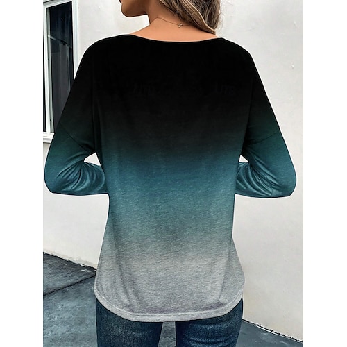  Dames T-shirt Kleurgradatie Modieus Casual Lange mouw Ronde hals Normale tops Dagelijks Weekend Afdrukken Rood blauw Paars Grijs Lente & Herfst