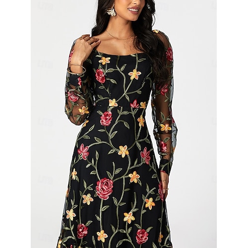  Damen schwarzes kleid Maxidress Rüsche Bestickt Elegant Quadratischer Ausschnitt Langarm Schwarz Farbe