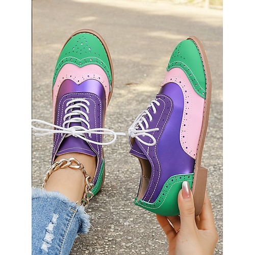  scarpe oxford multicolor da donna, design retrò a punta con pannelli verdi, rosa e viola, brogue casual con lacci per la moda e l'uso quotidiano