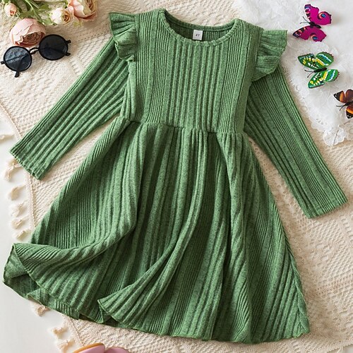 Girls' 3D Solid Color Dress Long Sleeve Summer Vacation Daily Holiday  Beautiful Sweet Little Kids(4-7ys) 4-7 Years Sweater Dress Casual Dress  Knee-length Regular Fit 2026