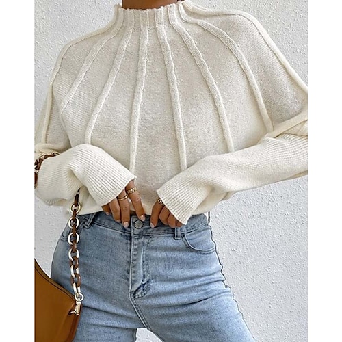 Femme Pull Chandail Mode du quotidien Couleur unie Col montant Tricoté Texturé Manche Chauve-souris manche longue Hauts réguliers Tricoter Intérieur Travail du quotidien Noir Blanche Automne Hiver