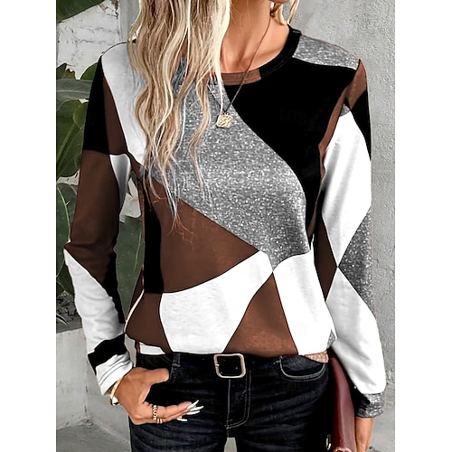  Camiseta de mujer con estampado casual, manga larga, cuello redondo, para uso diario, color vino, marrón, verde, gris, primavera y otoño