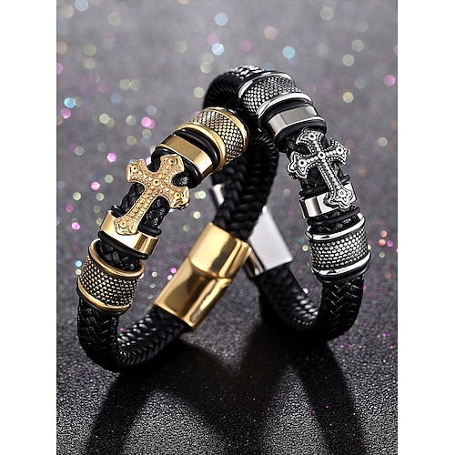 bracciale da uomo con croce con accenti in oro e argento e chiusura magnetica – elegante braccialetto intrecciato per abbigliamento casual e religioso