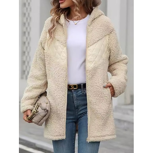 Damen Fleecejacke Teddy-Mantel Hoodie Jacke warm halten Atmungsaktiv Zip Tasche Innenfutter aus Fleece Brautkleider schlicht Glatt Urlaub Strasse Freizeitskleidung Ausgehen Reisverschluss Standard