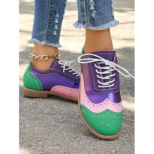  scarpe oxford multicolor da donna, design retrò a punta con pannelli verdi, rosa e viola, brogue casual con lacci per la moda e l'uso quotidiano