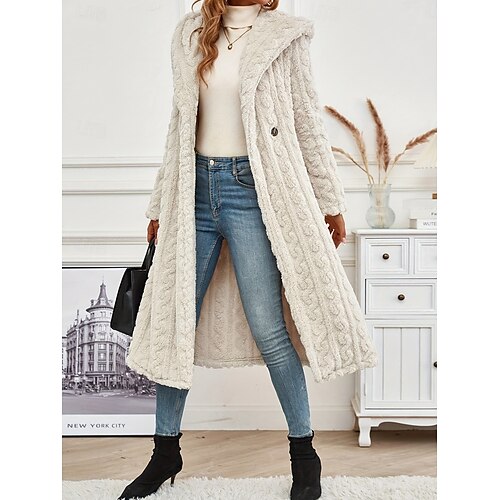 casaco com capuz feminino jaqueta longa cabo malha macia pelúcia quente inverno outerwear bege único botão casual manga longa outono inverno