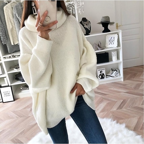 Femme Pull Chandail Vêtement de rue Travail Décontractées Couleur unie Col Roulé Tricoté manche longue Hauts longs Tricoter Intérieur Noir Blanche Automne Hiver