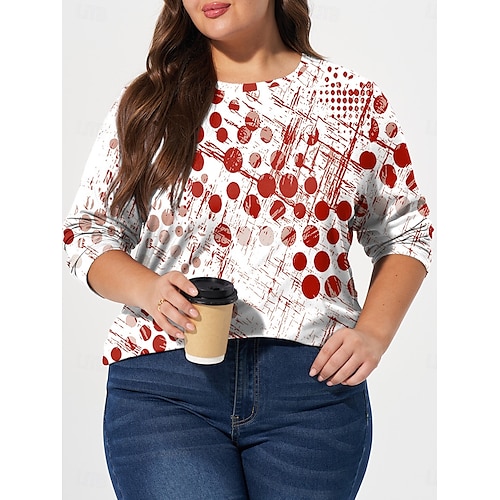  T-shirt à manches longues et col ras du cou pour femme, haut grande taille, imprimé géométrique, décontracté, quotidien, automne, hiver, rouge