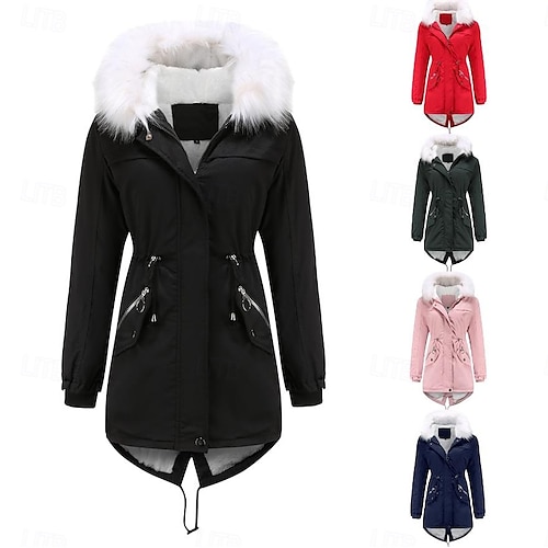 Damen Wintermantel Windundurchlässig warm halten Zip Outdoor Feste Farbe Arbeit Casual Reisverschluss Kapuzenpullover Lockere Passform Langarm Oberbekleidung Marineblau Schwarz Rosa Winter