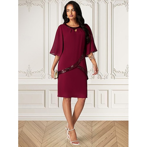 vestido midi feminino bordô com sobreposição de lantejoulas assimétricas decote redondo detalhe em v comprimento três quartos mangas divididas não elásticas elegante coquetel noite comprimento do