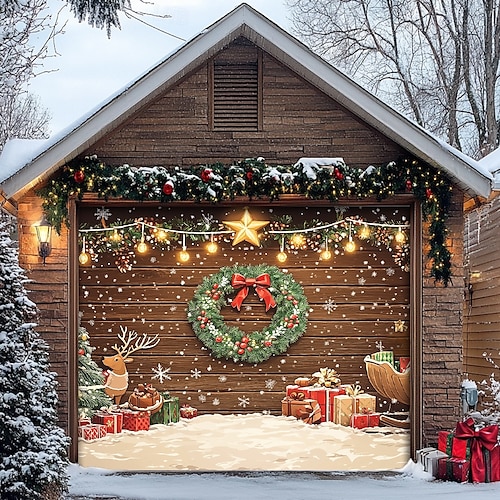  Christmas Door Decorations Outdoor Garage Door Cover Xmas Banner Christmas Scene Farmhouse Large Christmas Backdrop for Holiday Outdoor Garage Door Home Wall Decorations