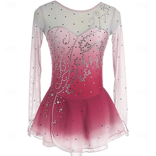 Figure Skating Dress Mesh Skirt Girls Round Neck Long Sleeve