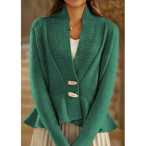 Damenpullover Strickjacke Pullover Jacke V-Ausschnitt Strick Rüschen Knopf gestrickt Frühling Herbst Zuhause Alltag Wochenende Vintage Alltag weich Langarm reine Farbe schwarz weiß