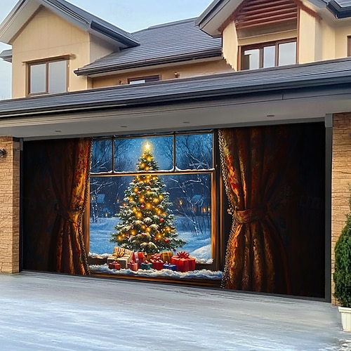  Christmas Door Decorations Garage Door Cover Santa Snowman Jingle Bell Xmas Outdoor Banner Large Backdrop for Holiday Home Wall Gifts Snow Village Christmas Tree