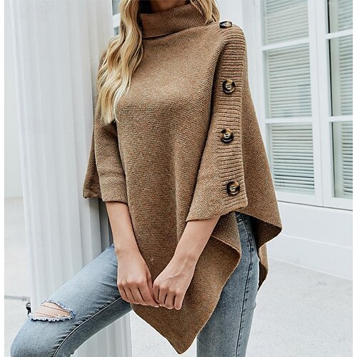 Per donna Felpa Pullover Maglione Informale Morbido Tinta unica A coste A collo alto Bottoni Lavorato a maglia Mezza manica Top regolari Maglia Esterno Giornaliero Fine settimana Nero Rosso Autunno