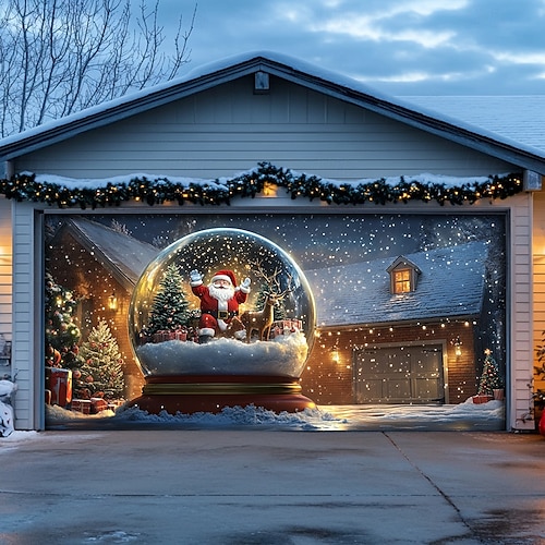  Christmas Door Decorations Garage Door Cover Santa Snowman Jingle Bell Xmas Outdoor Banner Large Backdrop for Holiday Home Wall Gifts Snow Village Christmas Tree