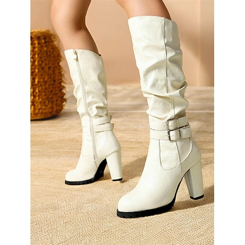 Stivali Donna Sopra Il Ginocchio Zip Intera Punta Tonda Tacco - Foto 6