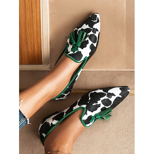  Women's Cow Print Tassel Loafers with Green Trim – Stylish Slip-On Dress Shoes for Casual and Formal Occasions