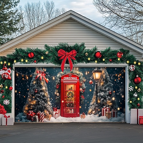  Christmas Door Decorations Outdoor Garage Door Cover Xmas Banner Christmas Scene Farmhouse Large Christmas Backdrop for Holiday Outdoor Garage Door Home Wall Decorations