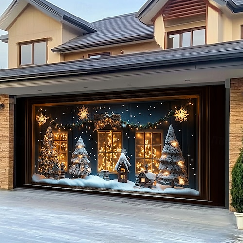  Christmas Door Decorations Garage Door Cover Santa Snowman Jingle Bell Xmas Outdoor Banner Large Backdrop for Holiday Home Wall Gifts Snow Village Christmas Tree