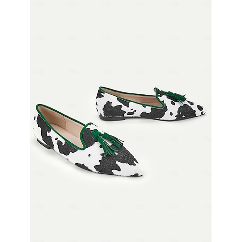  Women's Cow Print Tassel Loafers with Green Trim – Stylish Slip-On Dress Shoes for Casual and Formal Occasions