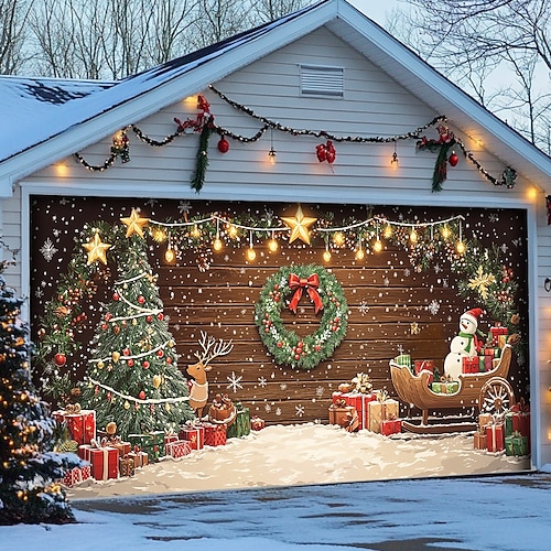  Christmas Door Decorations Outdoor Garage Door Cover Xmas Banner Christmas Scene Farmhouse Large Christmas Backdrop for Holiday Outdoor Garage Door Home Wall Decorations