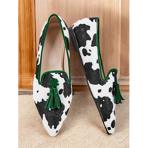  Women's Cow Print Tassel Loafers with Green Trim – Stylish Slip-On Dress Shoes for Casual and Formal Occasions