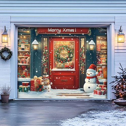  Christmas Door Decorations Garage Door Cover Santa Snowman Jingle Bell Xmas Outdoor Banner Large Backdrop for Holiday Home Wall Gifts Snow Village Christmas Tree