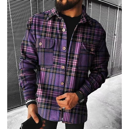 Hombre Enrejado Camisa Camisa de franela Sobrecamisa Manga Larga Camisa  Cuello Vuelto Exterior Calle Negro Blanco Gris blanco Negro+Rojo+Gris  Oscuro