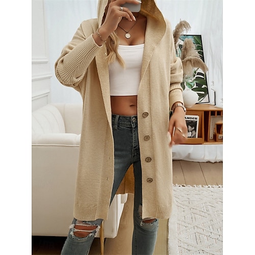 Per donna Felpa Cardigan Informale Morbido Colore puro A coste Con cappuccio Bottoni Tasche Lavorato a maglia Manica lunga Maglie lunghe Maglia Esterno Giornaliero Fine settimana Nero Fucsia Autunno