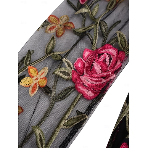  Damen schwarzes kleid Maxidress Rüsche Bestickt Elegant Quadratischer Ausschnitt Langarm Schwarz Farbe