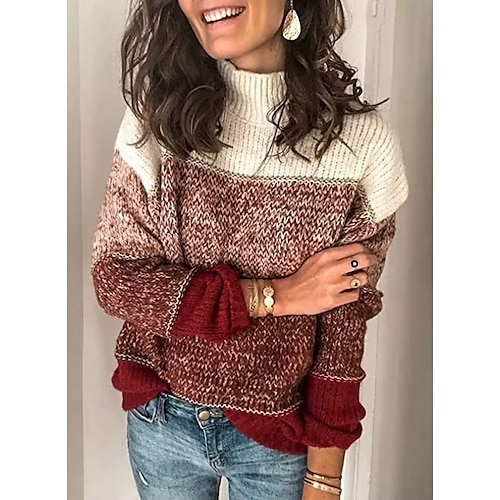 Damen Pullover Modisch Strassenmode Täglich Farbblock Rollkragen Strick Langarm Normale Oberteile Stricken Wochenende Schwarz Weinrot Herbst Winter