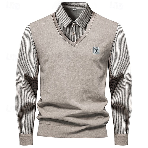 Men's Pullover Sweater Jumper Knit Sweater Mens Dress Sweaters Ribbed Knit Regular Knitted Fake two piece Stripe Shirt Collar Fashion Casual Daily Wear Date Clothing Apparel Fall & Winter Black Blue 2026 - Men's Pullover Sweater Jumper Knit Sweater Mens Dress Sweaters Ribbed Knit Regular Knitted Fake two piece Stripe Shirt Collar Fashion Casual Daily Wear Date Clothing Apparel Fall & Winter Black Blue 2026 -