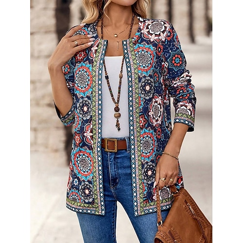  Dame Blazer Jobb Print Blomstrete Pustende OL Stil Vanlig Passform Yttertøy Lang Erme Høst Blå S
