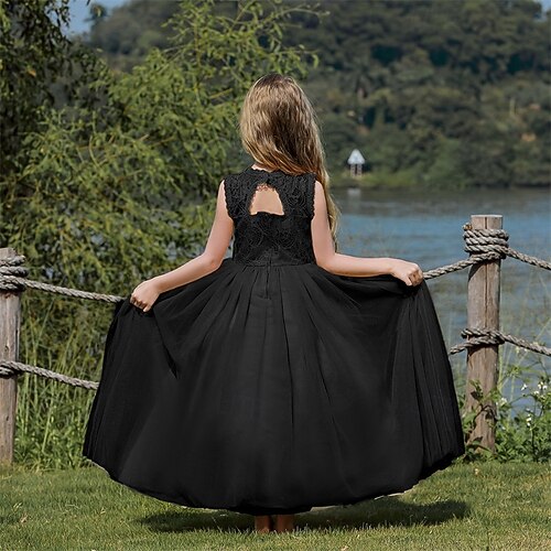 Kids Girls' Flower Girl Dress Party Dress Solid Color Sleeveless Performance Wedding Party Mesh Backless Patchwork Elegant Sweet Polyester Lace Maxi
