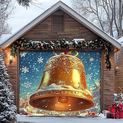  Christmas Door Decorations Garage Door Cover Santa Snowman Jingle Bell Xmas Outdoor Banner Large Backdrop for Holiday Home Wall Gifts Snow Village Christmas Tree