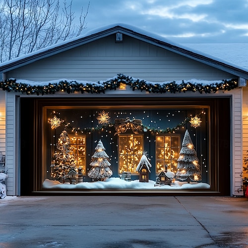  Christmas Door Decorations Garage Door Cover Santa Snowman Jingle Bell Xmas Outdoor Banner Large Backdrop for Holiday Home Wall Gifts Snow Village Christmas Tree