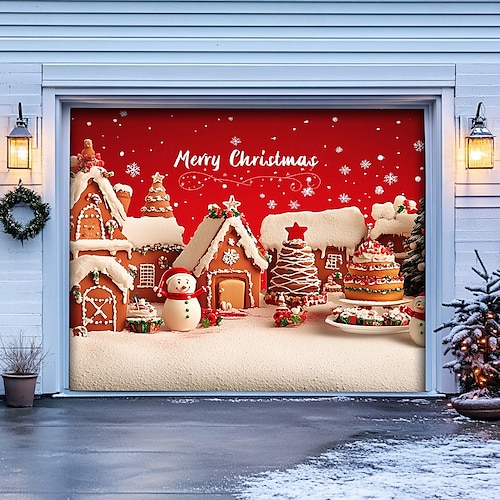  Christmas Door Decorations Garage Door Cover Santa Snowman Jingle Bell Xmas Outdoor Banner Large Backdrop for Holiday Home Wall Gifts Snow Village Christmas Tree