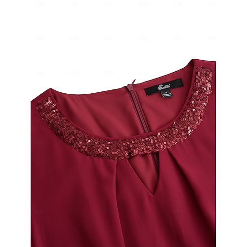  vestido midi feminino bordô com sobreposição de lantejoulas assimétricas decote redondo detalhe em v comprimento três quartos mangas divididas não elásticas elegante coquetel noite comprimento do