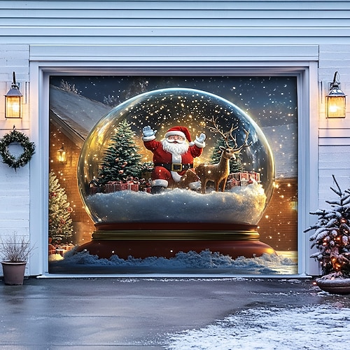  Christmas Door Decorations Garage Door Cover Santa Snowman Jingle Bell Xmas Outdoor Banner Large Backdrop for Holiday Home Wall Gifts Snow Village Christmas Tree