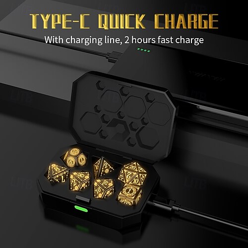 Lot De 7 Dés Lumineux MDN Rechargeables – Avec Boîte De Charge – Pour Donjons & Dragons – Dès 8 Ans