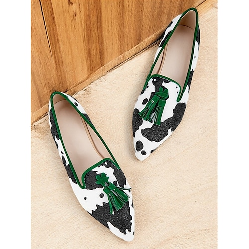  Women's Cow Print Tassel Loafers with Green Trim – Stylish Slip-On Dress Shoes for Casual and Formal Occasions