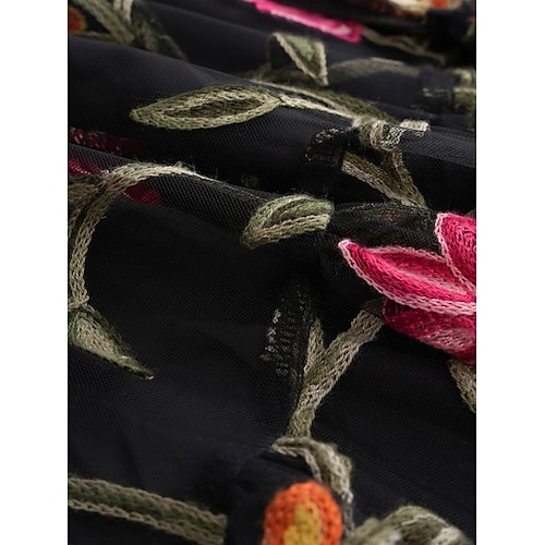  Damen schwarzes kleid Maxidress Rüsche Bestickt Elegant Quadratischer Ausschnitt Langarm Schwarz Farbe