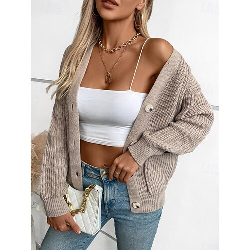 Damen Strickjacke Brautkleider schlicht Einfarbig V Ausschnitt Strick Langarm Normale Oberteile Stricken Täglich Schwarz Rosa Herbst Winter