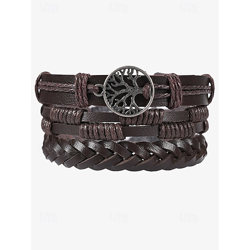 Pulsera de cuero con cuentas para hombre con dije de árbol de la vida: pulsera de joyería vintage en capas