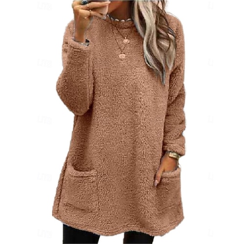  dámská mikina casual sherpa plain dailywear crew kapsa na krku dlouhý rukáv hnědá zelená šedá podzim zima